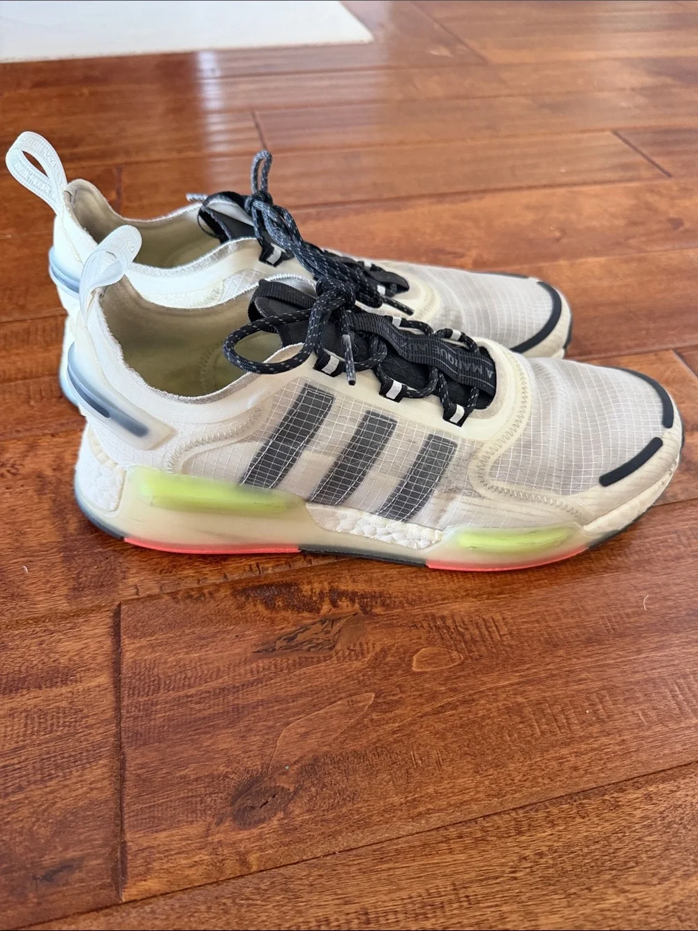 adidas White Sneakers with Black Stripes and Neon Green Accents
